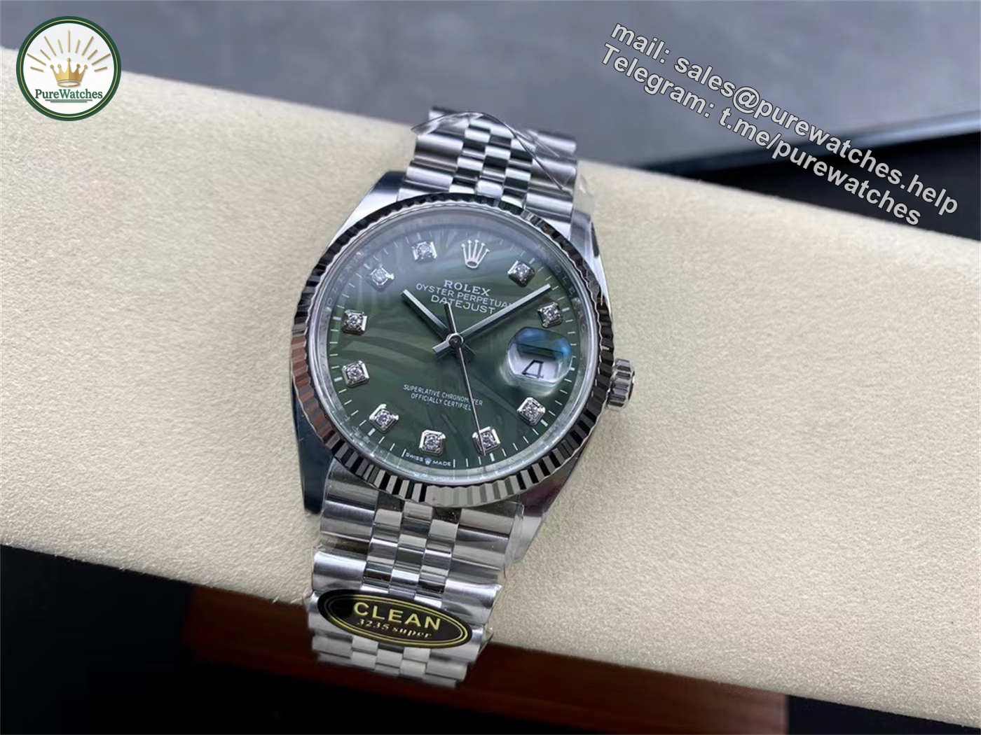 Clean Factory Datejust 36 Palm Motif Dial (Green) – VR3235 Movement - Image 2