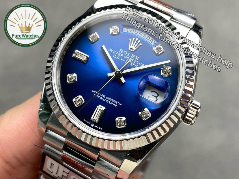 QF Factory Rolex Day-Date 36 – 36 mm White Gold Blue Dial Ladies Watch - Image 2