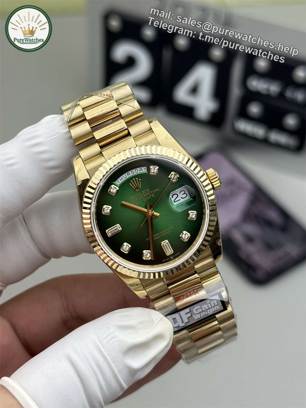Rolex Day-Date 36 Green Roman Replica (QF Factory) – 158g Tungsten Gold - Image 2