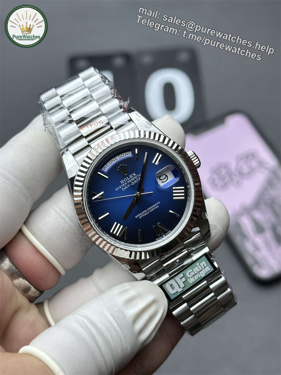 Rolex Day-Date 36 White Gold Replica (QF Factory) – 158g Tungsten Blue Ombré - Image 2