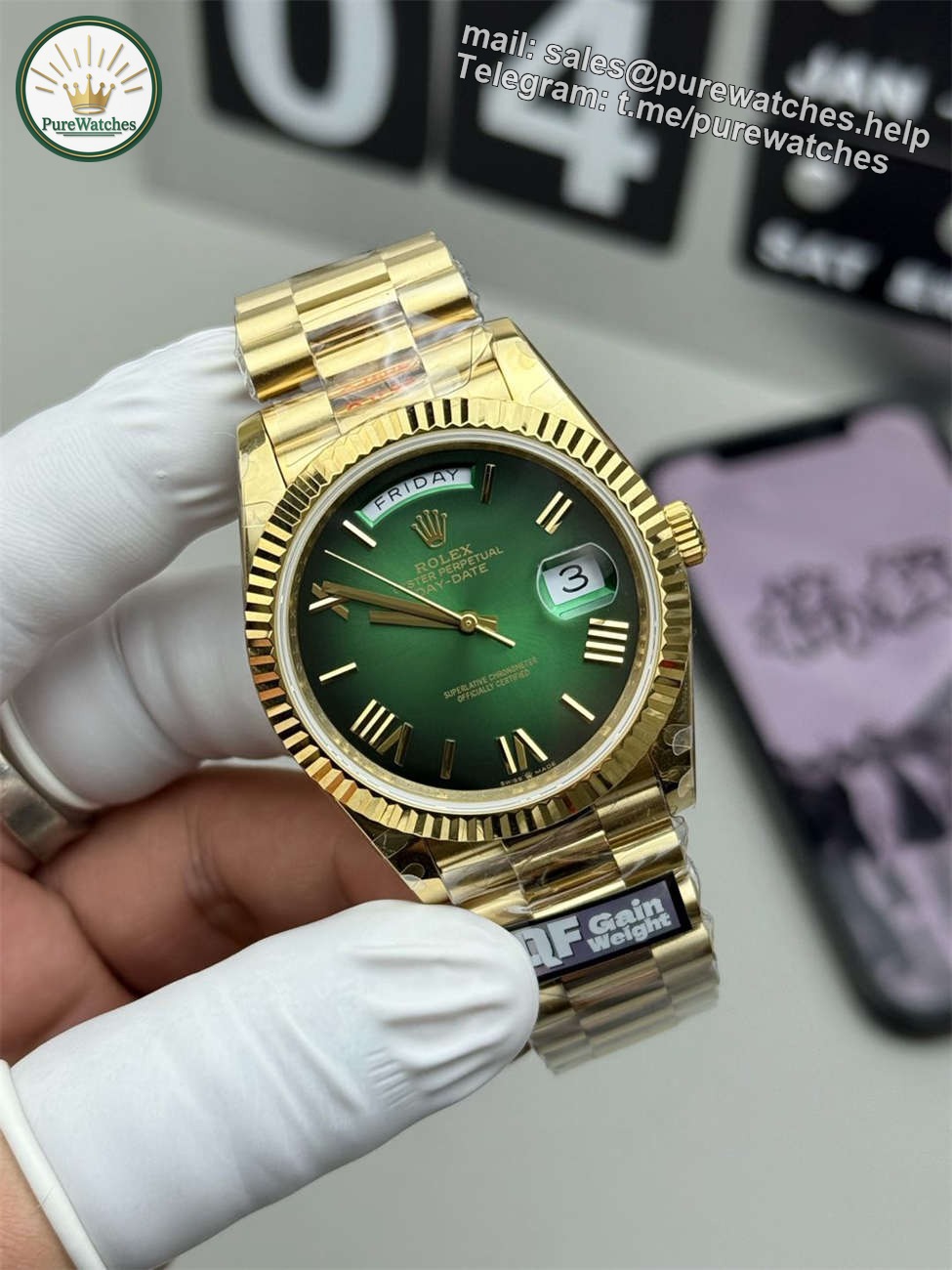 Rolex Day-Date 40 Green Replica (QF Factory) – 195g Heavy Tungsten Gold - Image 2