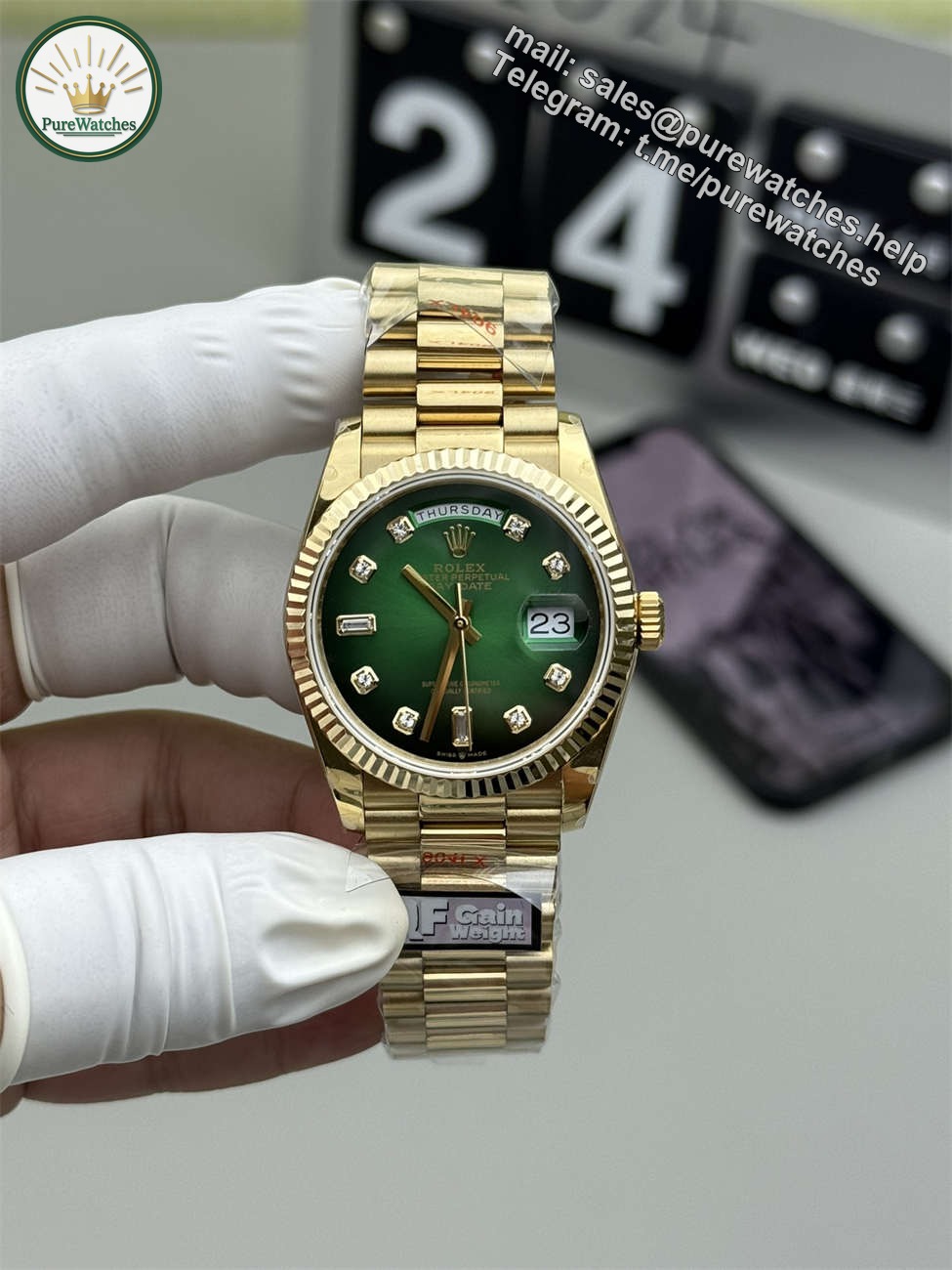 Rolex President 36mm Replica (QF Factory) – 158g Tungsten Green Ombré Diamond